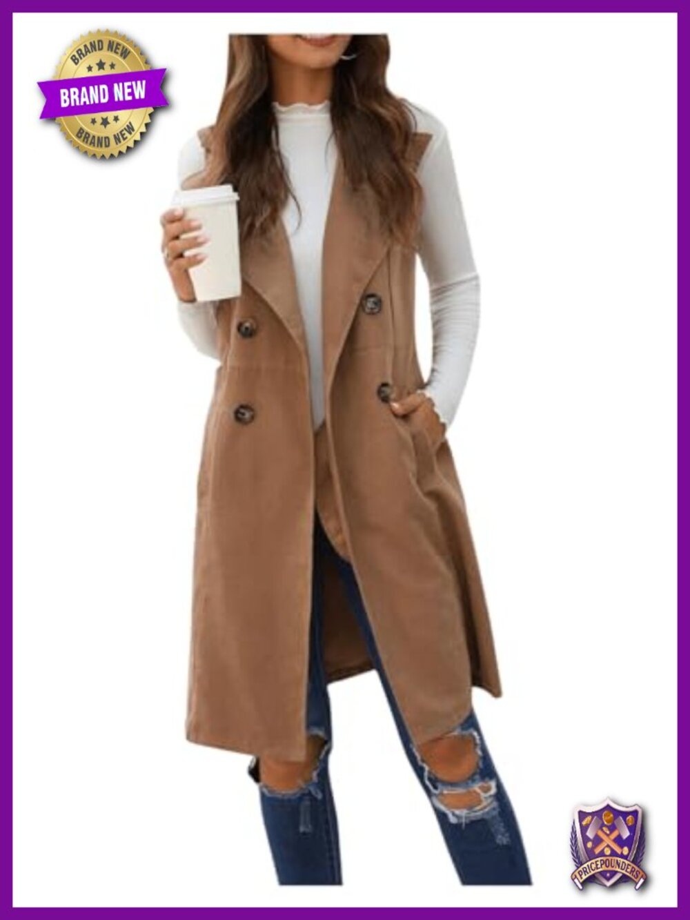 Womens Long Blazer Vest Sleeveless Open Front Double Breasted Trench Coat